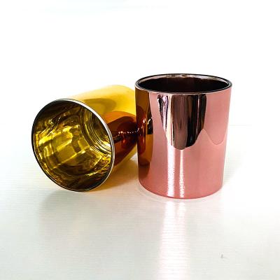 China Home Custom Empty Candle Holder Gold Cylinder Decoration Candle Jar Copper Electroplating Glass With Metal Wood Lid Wholesale for sale