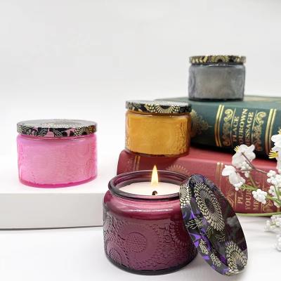 China Home Decoration Luxury Candle Supplier Colored Amber Purple Pink Gray Embossed Candle Jars Glass Wholesale With Metal Lid for sale