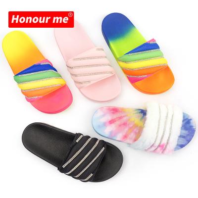 China Fashion Trend New Arrive Summer Faux Stone Fashion PVC Fur Slides Colorful Women Sandals Rainbow Slippers for sale