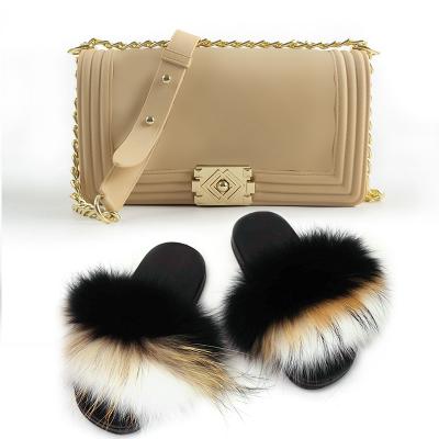 China Fashion Trend New Arrival Rainbow Color Jelly Two Piece Set Purses Matching Real Fur Slides For Women Ready To Board Fox Fur Slipper for sale