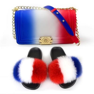 China Rainbow Jelly Bags Set Women Fur Slippers Lady Real Fox Fur Slides Fluffy Travel Fur Shoes Flip Flops Graffiti Handbag Fashion for sale