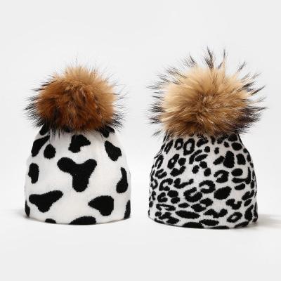 China 2022 Autumn Winter Designer Faux Raccoon Fur Balls Women Leopard Zebra Cow Pattern Cozy Hats Warm Knitted Beanie Hats for sale