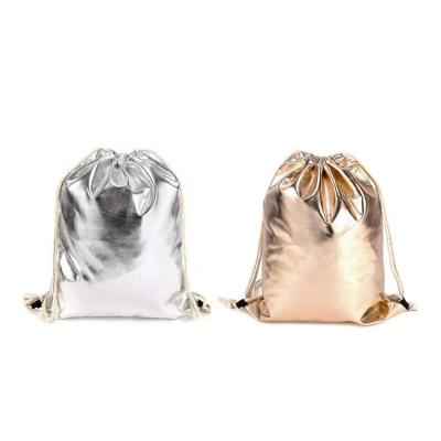 China Travel Shiny Promotional Folding Drawstring Backpack Customized Silver Metallic Drawstring Bags for sale