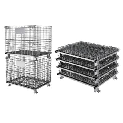 China Warehouse Kingsun Collapsible Collapsible Foldable Steel Wire Mesh Pallet Wire Mesh Container Galvanized Roll Cage for sale