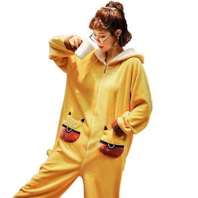 China Thermal female adult coral cute cartoon winter pajamas onesie hooded zipper fleece thickened autumn and winter home wear for sale