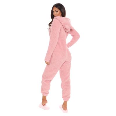 China Autumn and winter European and American women's clothing solid color plush thermal hood with ears onesie long-sleeved pajamas for sale