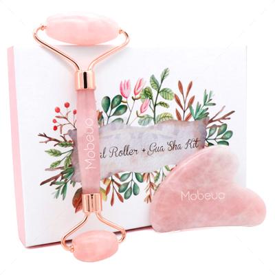 China Natural Heart Shaped Rose Quartz Guasha Face Massager Jade Roller Gua Sha Box Face Lift Gua Sha Kit for sale