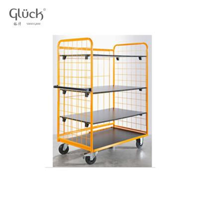 China Industrial Heavy Capacity Storage Mesh Trolley With MDF Stage Metal Four Wheel Storage Trolley Carts Platform for sale