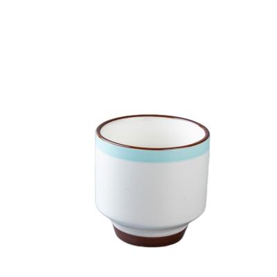 China Viable porcelain cup blue with brown line Japanese tea cups 230ml style high foot ceramic tea cups without handle for sale