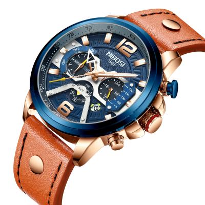 China Free Shipping Relogio Masculino Chronograph Fashion Sport Auto Date NIBOSI 2373 Casual Men's Blue Military Leather Clock for sale