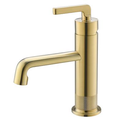 China Faucets Gold Metered Brass Knurled Brushed Bathroom Tap Hot Cold Wash Basin Mixer Tap for sale