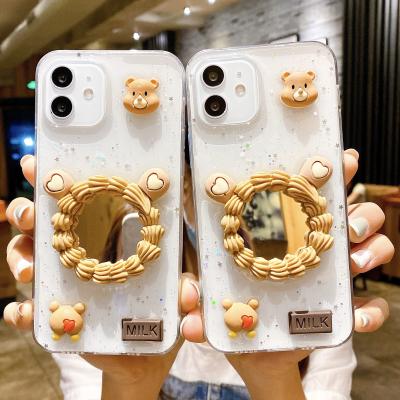 China Anti-fall Drop Glue Soft Bear Mirror Cover Device Phone Case For iPhone 13/12 Max Pro for sale