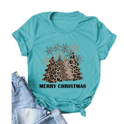 China Sustainable Plaid Leopard Printed Merry Christmas Trees T-Shirt for sale