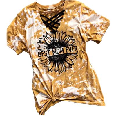 China Mom Ever Best Viable Sunflower T-Shirt Hollow Out Tee With Crisscross V-Neckline Camisole for sale