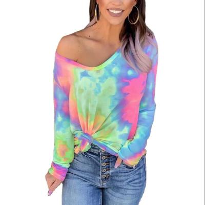 China Anti-Wrinkle One Off The Shoulder T-Shirt Full Tie Dye Printing Gradient Tunics For Women for sale