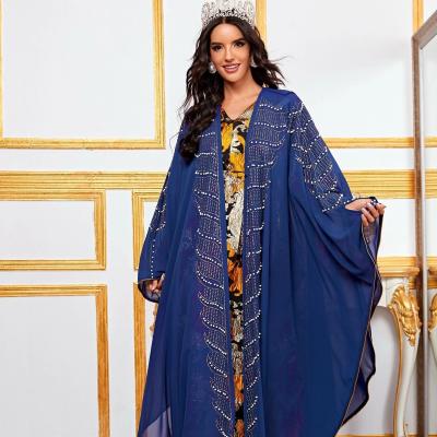 China 2021 Dubai New Arrivals Style Flare Sleeve Arab Women And Muslim High Quality Pearl Rhinestone Plus Size Long Dress #001 for sale