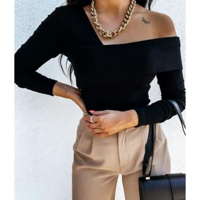 China Anti-wrinkle Spring/2022 Autumn Women's Fashion Solid Color Diagonal Shoulder Long Sheath Slim Casual T-shirt Tops for sale