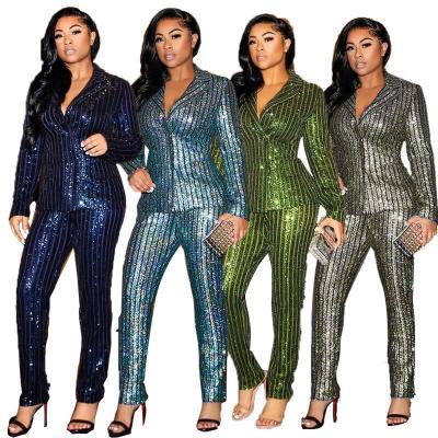 China Anti-wrinkle Autumn Winter Women Fashion Two Piece Suit Button Jacke Sequined Splice Pencil Pants Casual Suit for sale