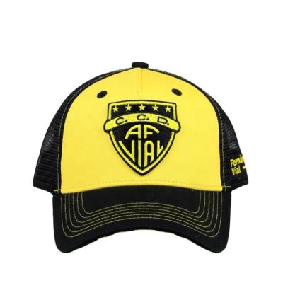 China Wholesale JOINT Yellow 5 Panel Hat, Custom Woven Curve Underbrim Print Patch Badge Embroidery Mesh Trucker Hat for sale