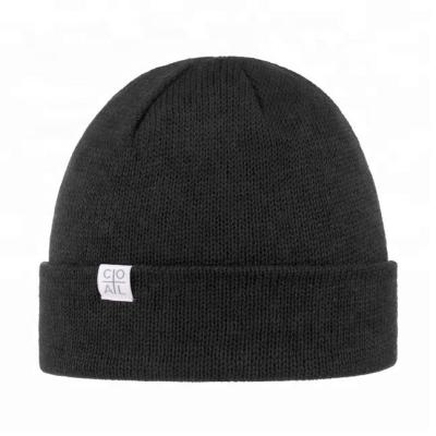 China breathable & Waterproof Promotional Custom Logo Black Slouch Beanie Hat Long Woven Beanie With Cuff for sale