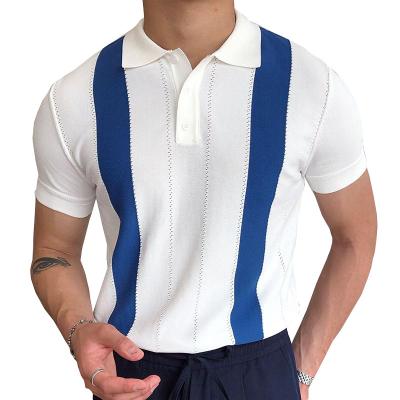 China 2022 Summer Anti-Wrinkle Shorts Sleeved Ice Silk Knitting White Striped Slim Men's Polo Shirts 100% Cotton Men's T-shirts for sale