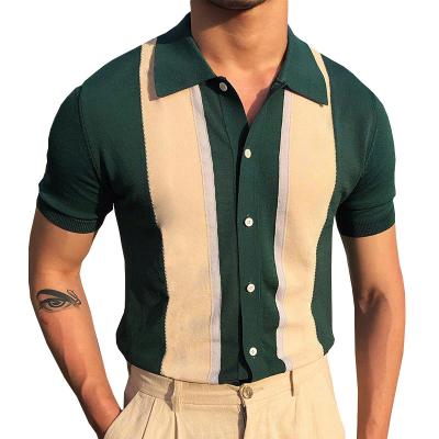 China 2022 Summer Men's Lapel Contrast Color T-shirt Single Breasted Cardigan Anti-wrinkle Knitted Short Sleeved Men's Polo Shirt for sale