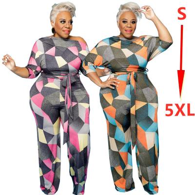 China Viable Hot Selling Drop Plus Size Straight Women's Clothing Geometric Print Irregular Slanted Shoulder Plus Size Overalls for sale