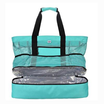 China Logo Handle Mesh Handbag Large Travel Casual PORTABLE Tote Bag For Beach Shopping Picnic Custom Picnic for sale