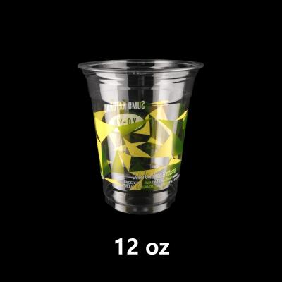 China 12oz 350ml Logo PET Single Wall Custom Printing Transparent Mug 12oz Disposable Plastic Cold Drink PET Cup With Dome Lid for sale