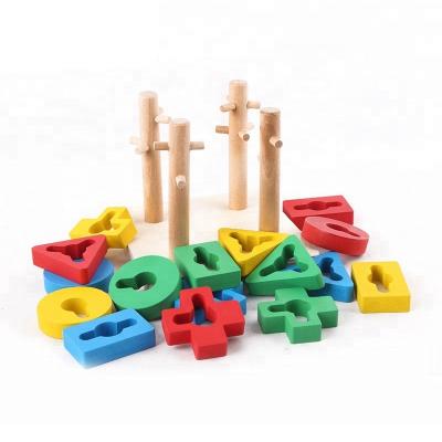 China Kids Educational Board Blocks Matching Game Shape Sorting Stacking Wooden Column Geometric Toys 14*14*13.5cm for sale