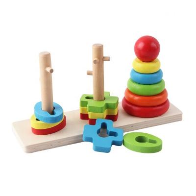 China Construction Toy Educational Blocks Cognitive Shape Matching Montessori Game Rainbow Colorful Column Wooden Stacking Tower for sale