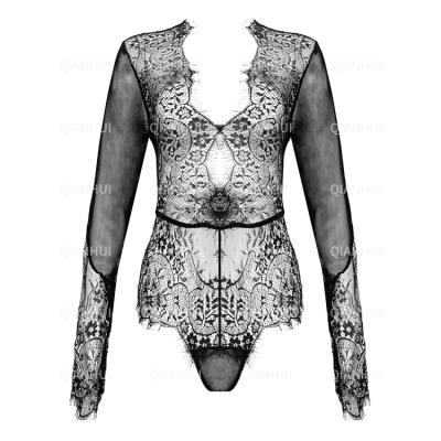 China New Sexy Black Floral Spandex Lingerie 85% Polyester +15% Long Sleeve Women's Catsuit for sale