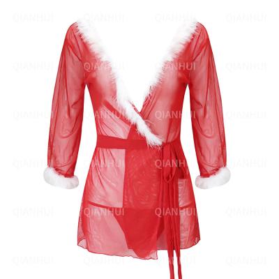 China 85% Polyester Spandex Lingerie Sexy Red Woman Long Sleeve Christmas Night Lace Long Dress for sale