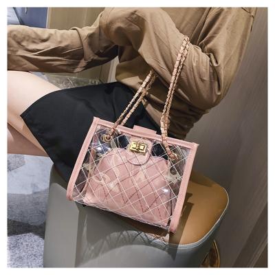 China Clear PVC Women Waterproof Wholesale Trending Transparent Handbags Fashion Tote Beach Bag Ladies Shoulder Bag for sale