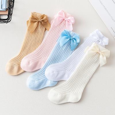 China Girls Breathable Spring Over The Knee High Socks Cotton Section Infant Socks Lovely Double Bow Tie Breathable Baby For Kid Girl for sale