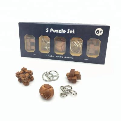 China Educational Toy 5 in 1 Wooden and Metal Jigsaw Set Traditional Brain Teaser Toys for sale