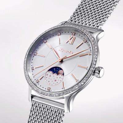 China Moon Phase TIMEBOX TC798F1 Stainless Steel Quartz Analog SS Mesh Band Pearl Oyster With Moon Phase Dial Curved AR Mineral Glass Watch for sale