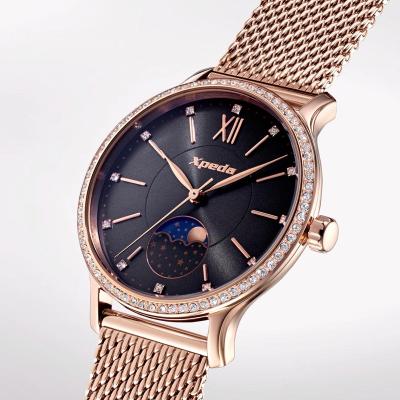 China Moon Phase TIMEBOX TC798C1 Stainless Steel Quartz Analog SS Mesh Band Pearl Oyster With Moon Phase Dial Curved AR Mineral Glass Watch for sale