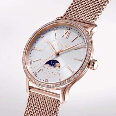 China Moon Phase TIMEBOX TC798J1 SS Stainless Steel Mesh Band Pearl With Moon Phase Dial Curved AR Mineral Glass Watch For Lady for sale