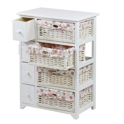 China Living Room Cabinets Furniture Storage Pastoral Solid Wood Expandable Wooden Bedside Cabinet with Rattan Baskets and Rattan Drawers for sale