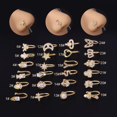 China YW TRENDY New Fake Nose Piercing Clip Ring Cuff Body Jewelry For Women Ear Slap Heart Star Flowers Clip Rings for sale