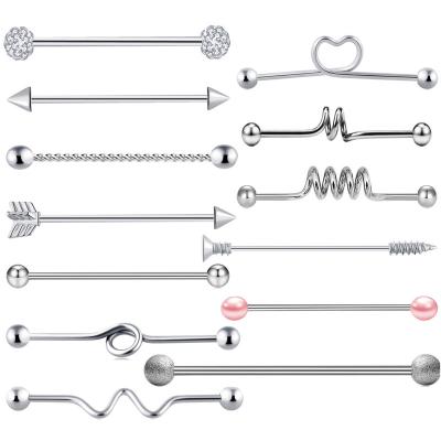 China FASHIONABLE YW 13pcs/set 14G Stainless Steel Ear Piercing Industrial Piercing Jewelry Earrings Barbell for sale