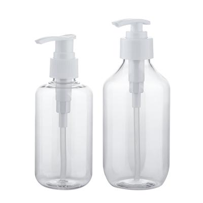 China 200ml 300ml round PET clear amber bostone plastic empty bottle cosmetic lotion shampoo pump bottle for sale