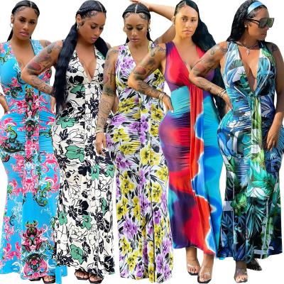 China 2022 summer anti-static printed floral ladies v neck women's maxi dresses african dresses for women clothing for sale