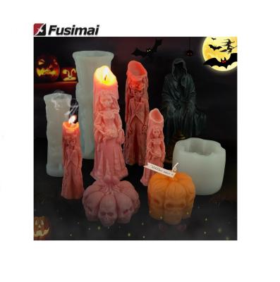 China Viable Fusimai Halloween Silicon Wax Mold Ghost Bride Pumpkin Skulls Silicone Candle Molds for sale