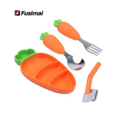 China Fusimai 304 Stainless Steel Viable Fork and Spoon Kids Tableware Baby Carrot Silicone Divider Dish Suction Feeding Set for sale