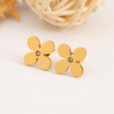 China 2021 New Design Titanium Steel Four Leaf Clover TRENDY Diamond 18k Gold Simple Stud Earrings for sale