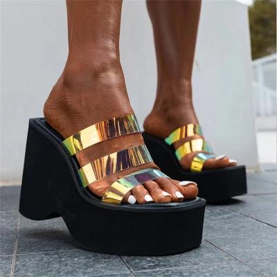 China 2022 Fashion Trend New High Heels Black Gothic Comfortable Walking Wedges Summer Thick Platform Sandals Shoes Woman Slipper for sale