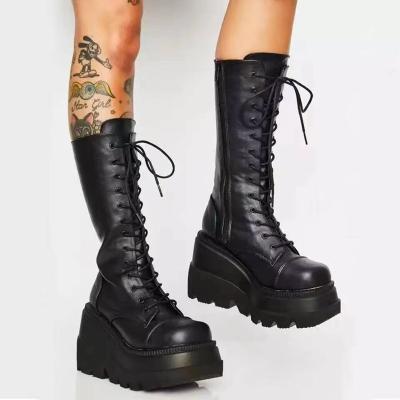 China 2022 Fashion Trend Platform Wedges Heels High Tops Black Large Size 43 Calf Boots Women Gothic Shoes for sale