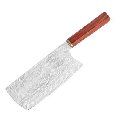 China Disposable Stainless Steel Acid Red Wood Handle Copper Ring Laser Damascus Grain Kitchen Octagonal Knife for sale